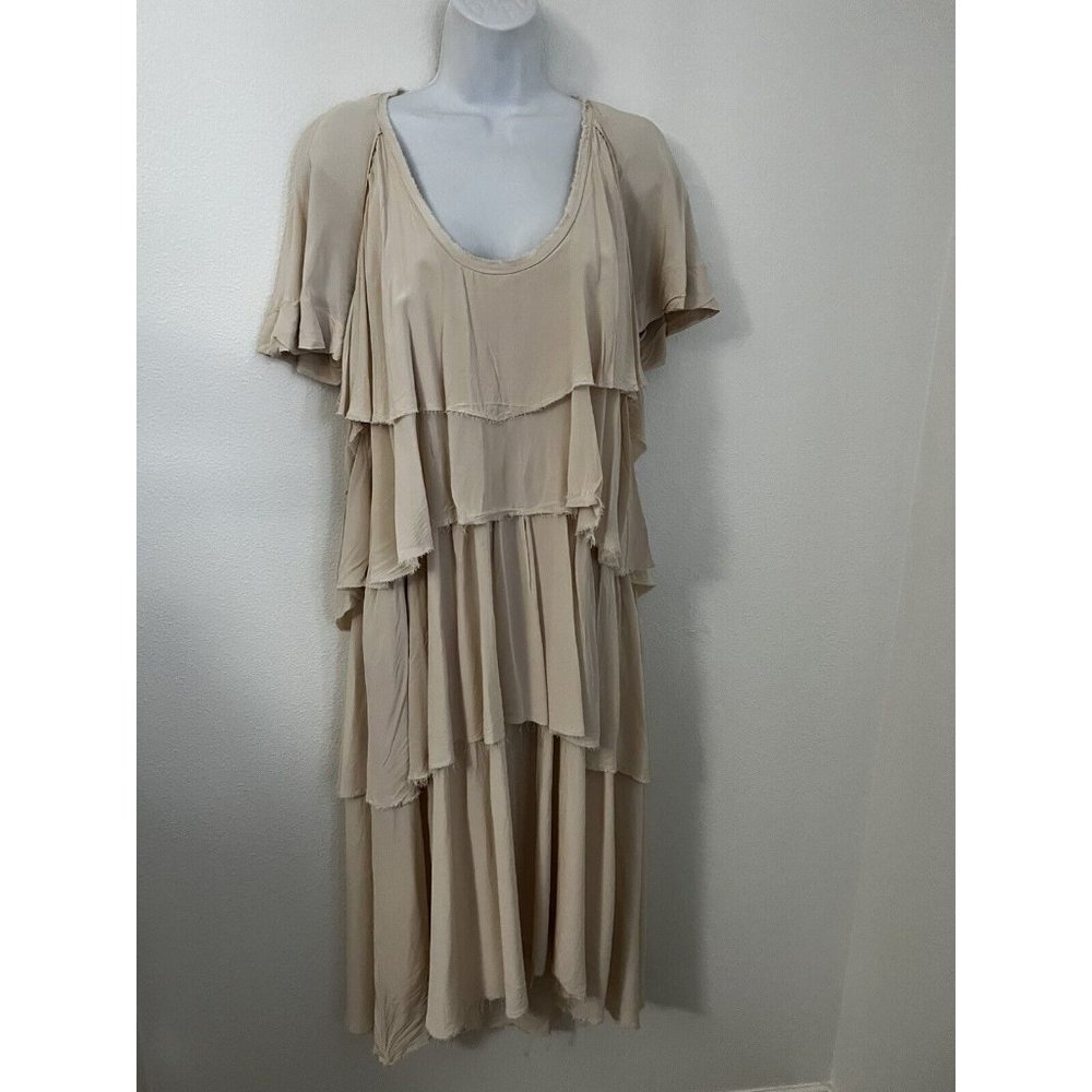 ZARA Beige Ruffle Tiered Raw Edge Short Sleeve Tiered Mini Dress S Blogger Fave